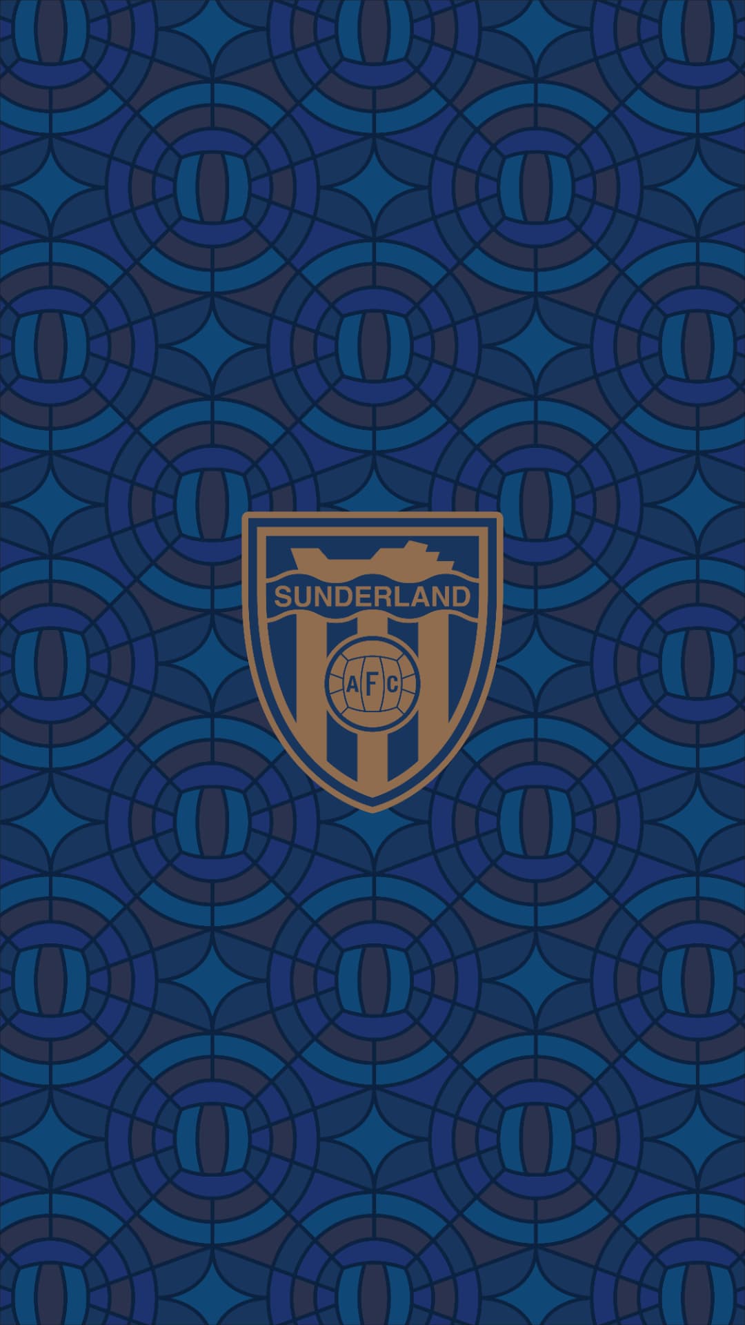 Sunderland heritage crest on a blue stained-glass pattern wallpaper